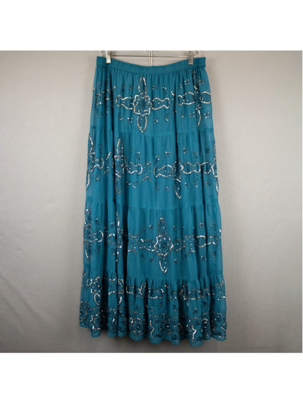 Soft Surroundings teal sequin tiered maxi skirt-M